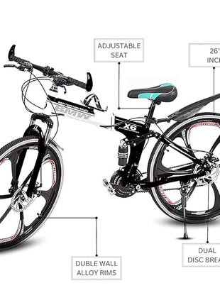 Amaze Kai Dual Suspension Bikes Latest Bmv Foldable Gear Cycle for Men with 21 Speed Gear 6 Spoke | Folding Mountain Bike with Double Disc Break & Mac Wheel, 26 Inch, (Black) 