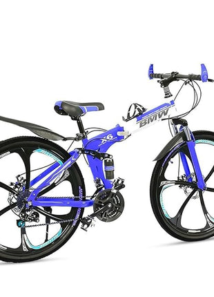 Amaze Kai Dual Suspension Bikes Latest Bmv Foldable Gear Cycle for Men with 21 Speed Gear 6 Spoke | Folding Mountain Bike with Double Disc Break & Mac Wheel, 26 Inch, (Blue) 