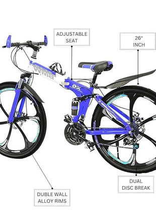 Amaze Kai Dual Suspension Bikes Latest Bmv Foldable Gear Cycle for Men with 21 Speed Gear 6 Spoke | Folding Mountain Bike with Double Disc Break & Mac Wheel, 26 Inch, (Blue) 
