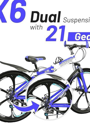 Amaze Kai Dual Suspension Bikes Latest Bmv Foldable Gear Cycle for Men with 21 Speed Gear 6 Spoke | Folding Mountain Bike with Double Disc Break & Mac Wheel, 26 Inch, (Blue) 