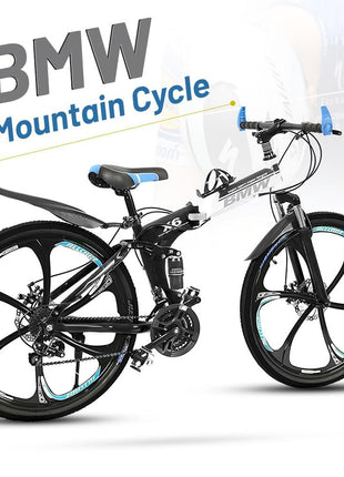 Amaze Kai Dual Suspension Bikes Latest Bmw Foldable Gear Cycle For Men With 21 Speed Gear 6 Spoke | Folding Mountain Bike With Double Disc Break & Mac Wheel, 26 Inch, White N Black 