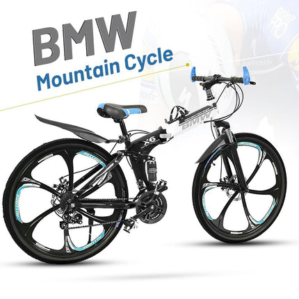 Amaze Kai Dual Suspension Bikes Latest Bmw Foldable Gear Cycle For Men With 21 Speed Gear 6 Spoke | Folding Mountain Bike With Double Disc Break & Mac Wheel, 26 Inch, White N Black 