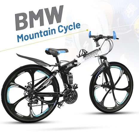 Amaze Kai Dual Suspension Bikes Latest Bmw Foldable Gear Cycle For Men With 21 Speed Gear 6 Spoke | Folding Mountain Bike With Double Disc Break & Mac Wheel, 26 Inch, White N Black 