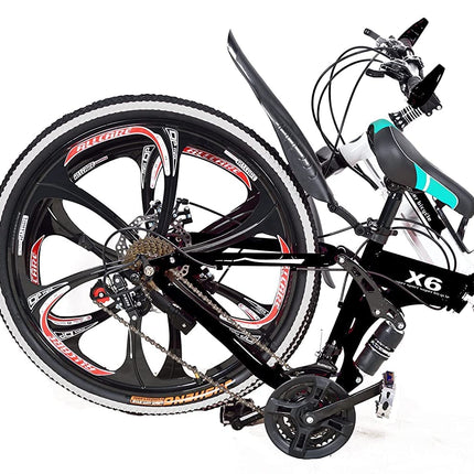 Amaze Kai Dual Suspension Bikes Latest Bmw Foldable Gear Cycle For Men With 21 Speed Gear 6 Spoke | Folding Mountain Bike With Double Disc Break & Mac Wheel, 26 Inch, White N Black 