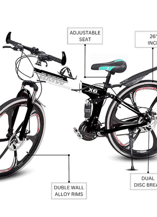Amaze Kai Dual Suspension Bikes Latest Bmw Foldable Gear Cycle For Men With 21 Speed Gear 6 Spoke | Folding Mountain Bike With Double Disc Break & Mac Wheel, 26 Inch, White N Black 
