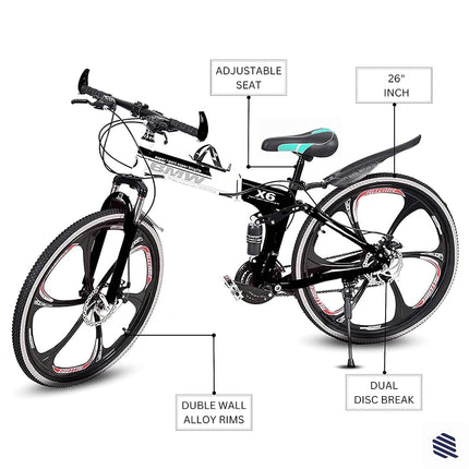 Amaze Kai Dual Suspension Bikes Latest Bmw Foldable Gear Cycle For Men With 21 Speed Gear 6 Spoke | Folding Mountain Bike With Double Disc Break & Mac Wheel, 26 Inch, White N Black 