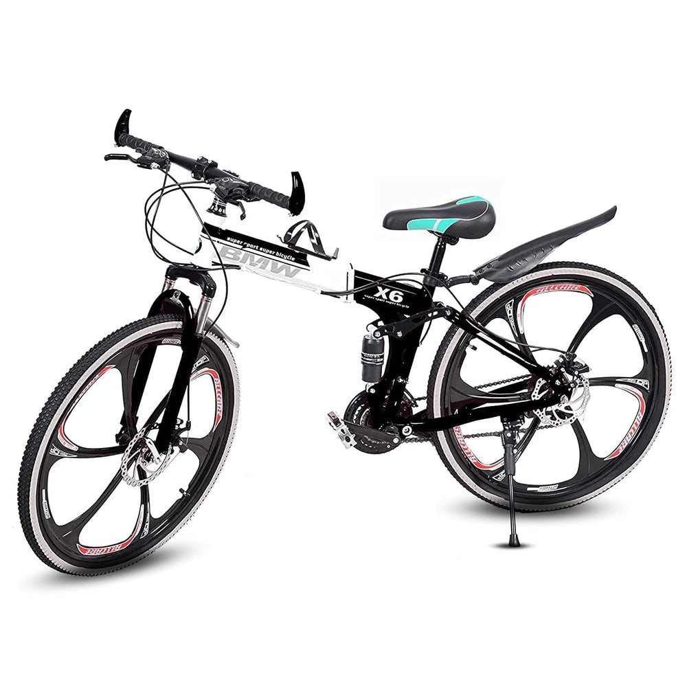 Amaze Kai Dual Suspension Bikes Latest Bmw Foldable Gear Cycle For Men With 21 Speed Gear 6 Spoke | Folding Mountain Bike With Double Disc Break & Mac Wheel, 26 Inch, White N Black price under 20000