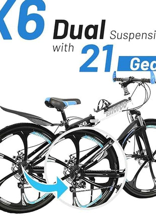 Amaze Kai Dual Suspension Bikes Latest Bmw Foldable Gear Cycle For Men With 21 Speed Gear 6 Spoke | Folding Mountain Bike With Double Disc Break & Mac Wheel, 26 Inch, White N Black 