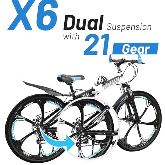 Amaze Kai Dual Suspension Bikes Latest Bmw Foldable Gear Cycle For Men With 21 Speed Gear 6 Spoke | Folding Mountain Bike With Double Disc Break & Mac Wheel, 26 Inch, White N Black 
