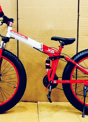 Amaze Power B.M.V X-6 26-Inch Fat Tire Folding Mountain Bike with Dual Suspension, 21-Speed Gear System, Double Disc Brakes, Carbon Steel Frame – Multi-Color Options 