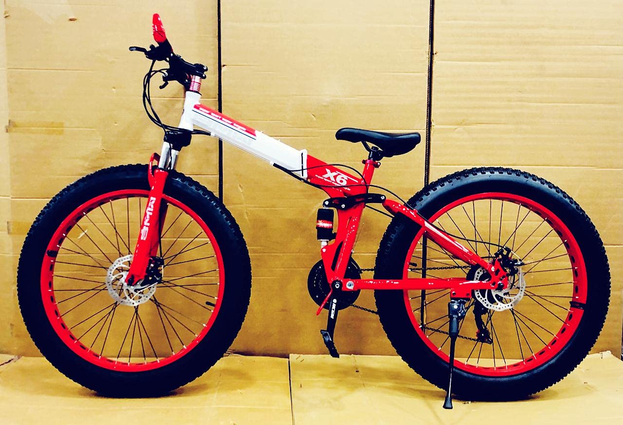 Amaze Power B.M.V X-6 26-Inch Fat Tire Folding Mountain Bike with Dual Suspension, 21-Speed Gear System, Double Disc Brakes, Carbon Steel Frame – Multi-Color Options 