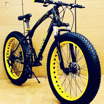 Amaze Prime Fat Tyre Mountain Bike, 26-inch Wheels, 21-Speed, Dual Disc Brakes, Front Suspension, Yellow (Black - Yellow) 