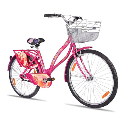Amazing Bikes Hero Miss India Gold Single Speed 24T Girls Rigid City Bike (16.5 Inches Steel Frame , with Basket ) - Pink 