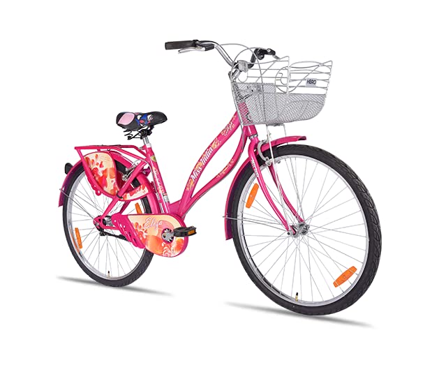 Amazing Bikes Hero Miss India Gold Single Speed 24T Girls Rigid City Bike (16.5 Inches Steel Frame , with Basket ) - Pink