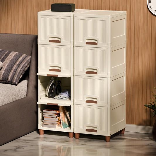 Amazon Basics Multi-Purpose Organizer | Modular Storage Box for Clothes, Kitchen, Bedroom & Living Room | Stackable Rack, Space-Saving Wardrobe Cabinet (Off White), 8 Piece 