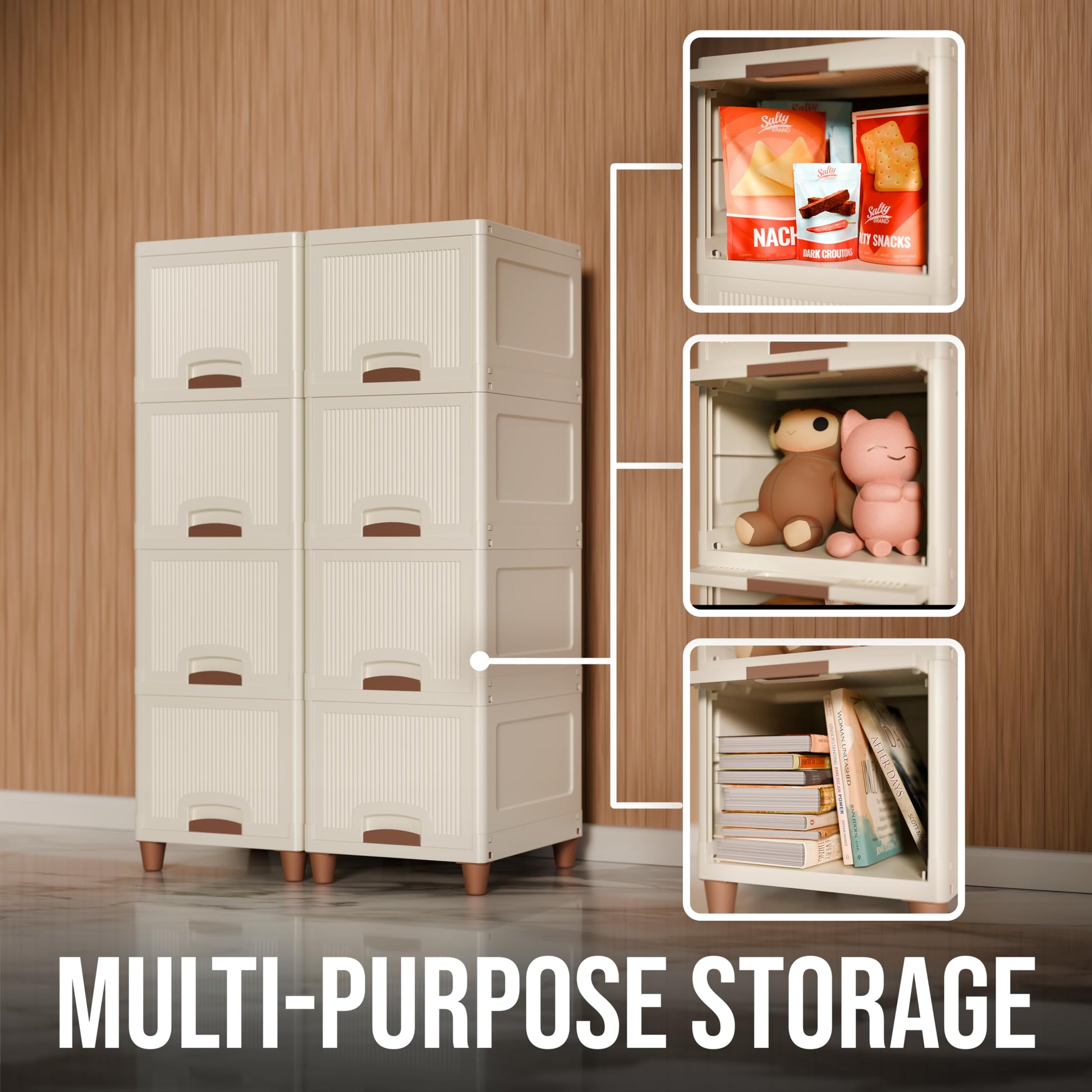 Amazon Basics Multi-Purpose Organizer | Modular Storage Box for Clothes, Kitchen, Bedroom & Living Room | Stackable Rack, Space-Saving Wardrobe Cabinet (Off White), 8 Piece 