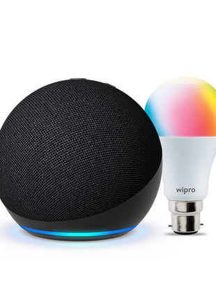 Amazon Echo Dot (5th Gen, Black) Combo with Wipro 9W LED Smart Color Bulb 