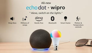 Amazon Echo Dot (5th Gen, Black) Combo with Wipro 9W LED Smart Color Bulb 