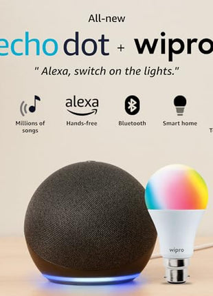 Amazon Echo Dot (5th Gen, Black) Combo with Wipro 9W LED Smart Color Bulb 