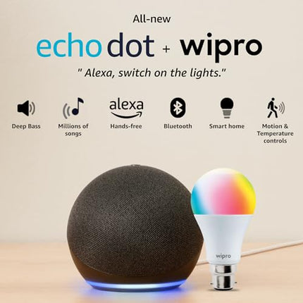 Amazon Echo Dot (5th Gen, Black) Combo with Wipro 9W LED Smart Color Bulb 