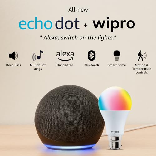 Amazon Echo Dot (5th Gen, Black) Combo with Wipro 9W LED Smart Color Bulb 