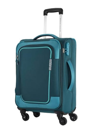 American Tourister 58Cm Check-in Polyester Soft-Sided 4 Wheel Spinner Trolley Bag with Wet Pocket, Expandable, Combination Lock (Teal) 
