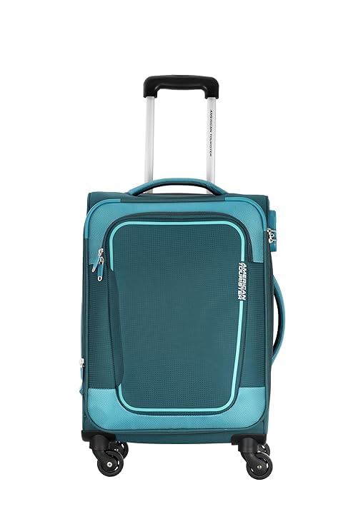 American Tourister 58Cm Check-in Polyester Soft-Sided 4 Wheel Spinner Trolley Bag with Wet Pocket, Expandable, Combination Lock (Teal) 