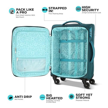 American Tourister 58Cm Check-in Polyester Soft-Sided 4 Wheel Spinner Trolley Bag with Wet Pocket, Expandable, Combination Lock (Teal) 