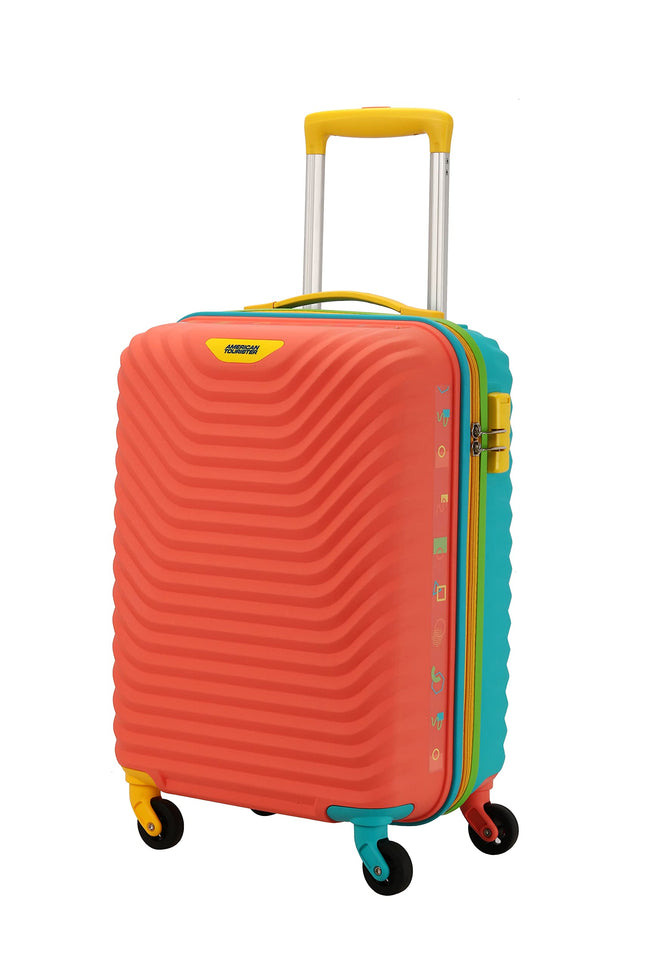 American Tourister Cabin Trolley Bag for Travel|Splash 55 Cms Polycarbonate Hardsided Small Luggage Bag|Speed_Wheel 8 Wheel Suitcase for Travel|Trolley Bag for Travelling, Coral/Teal 