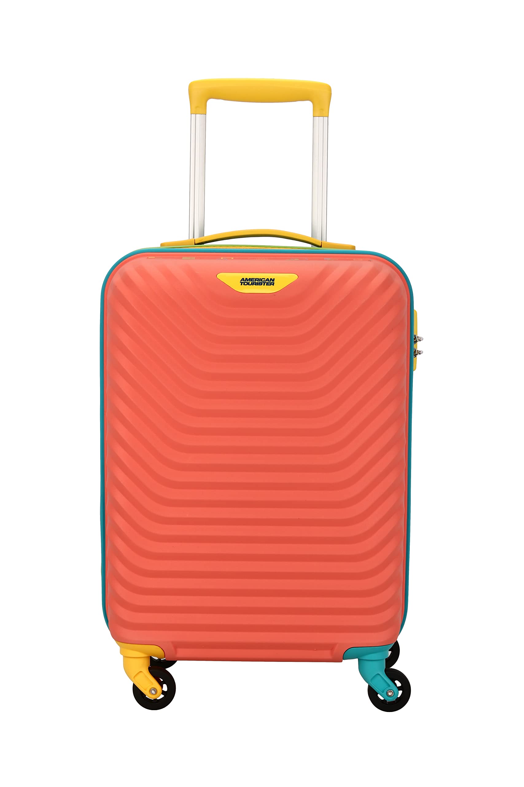 American Tourister Cabin Trolley Bag for Travel|Splash 55 Cms Polycarbonate Hardsided Small Luggage Bag|Speed_Wheel 8 Wheel Suitcase for Travel|Trolley Bag for Travelling, Coral/Teal 