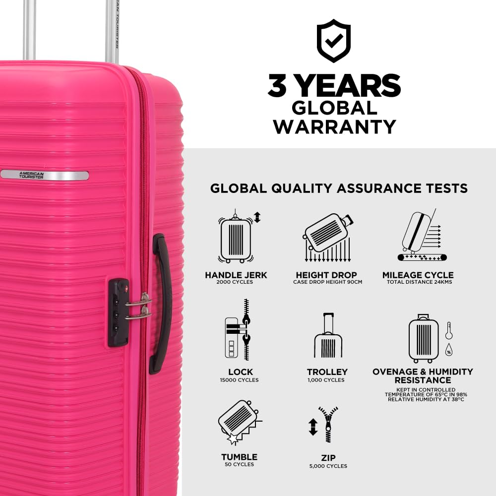 American Tourister Large PP Liftoff+ with TSA Lock & 8 Wheel, 79 CM Hard Check-in Suitcase for Travel/Trolley Bag with Double Wheel for Women & Men - Berry Blast, Pink 