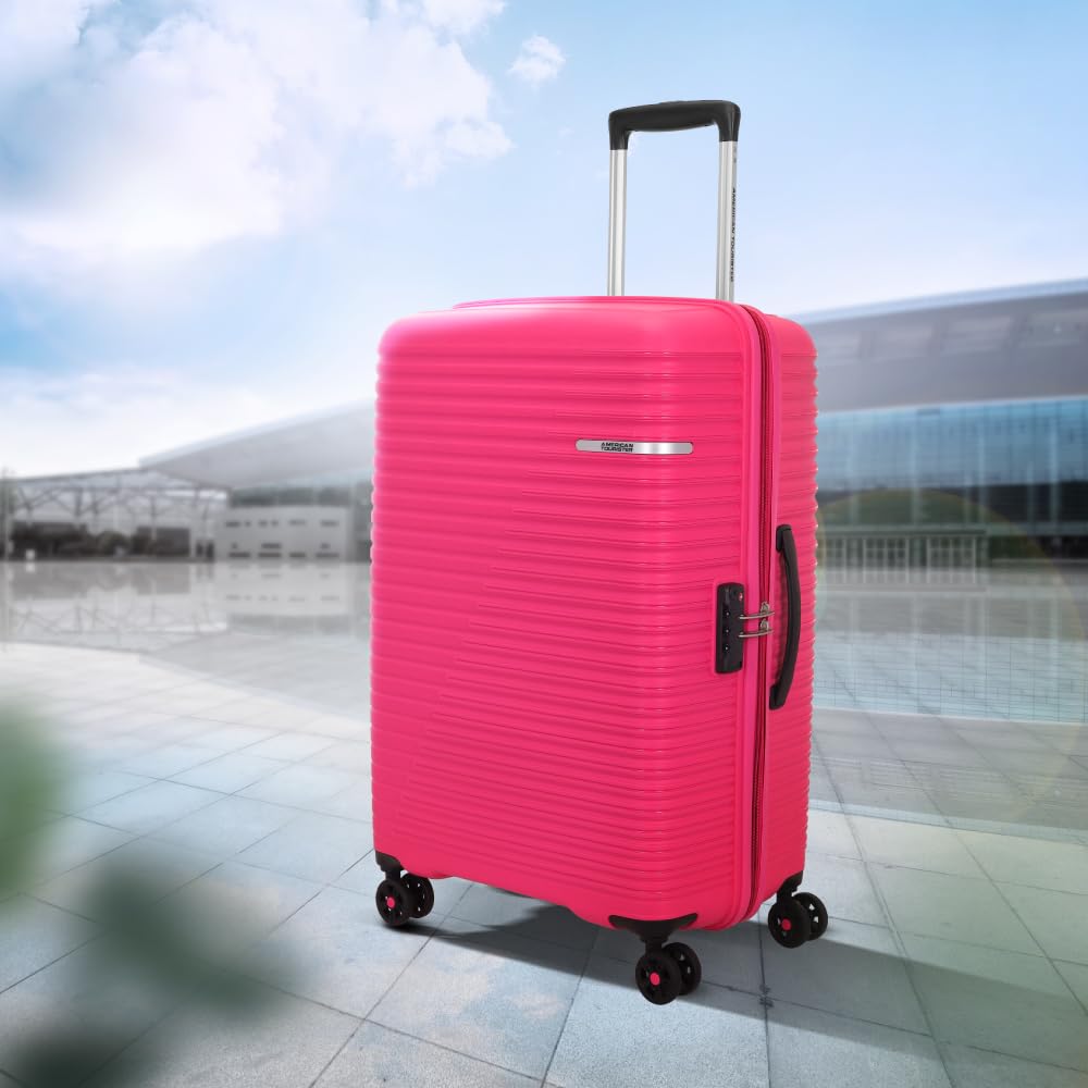 American Tourister Large PP Liftoff+ with TSA Lock & 8 Wheel, 79 CM Hard Check-in Suitcase for Travel/Trolley Bag with Double Wheel for Women & Men - Berry Blast, Pink 
