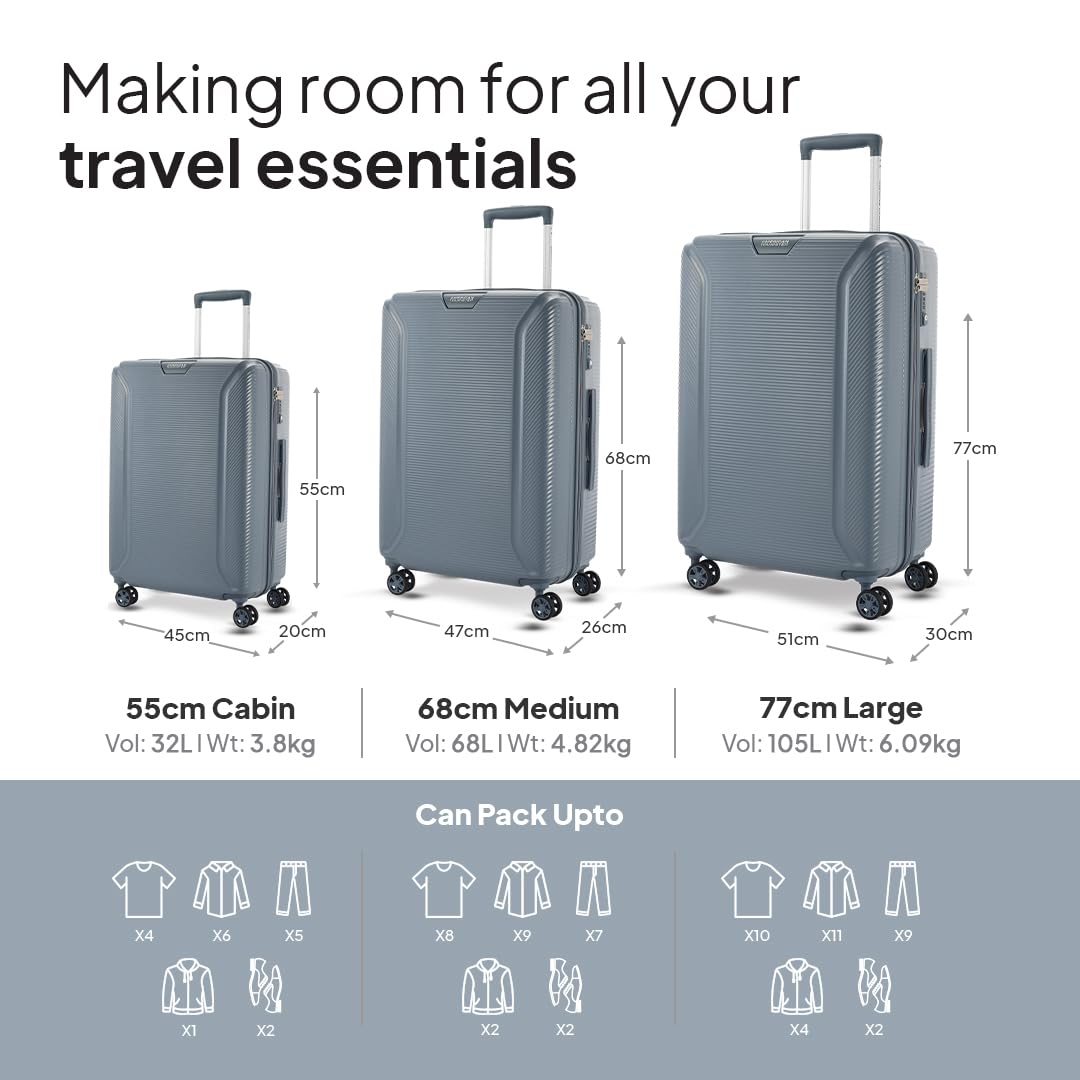 American Tourister Medium Robotech with TSA Lock & 8 Wheel, 67 CM Hard PC Check-in Suitcase for Travel/Trolley Bag for Travel/Travel Bag with Double Wheel for Women & Men - Cadet Blue 