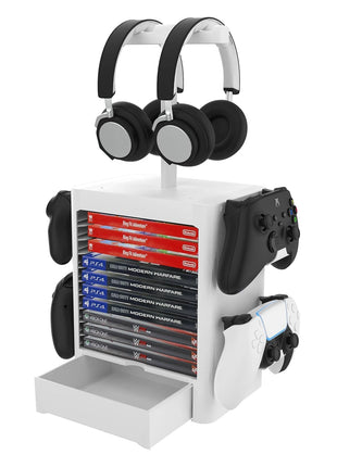 Ant Esports Multifunctional Universal Game Disc Storage Tower, Game Disk Rack Controller Holder Headset Stand Video Games Accessories organiser for PS4/5, Xbox One Xbox Series, Nintendo Switch – White 