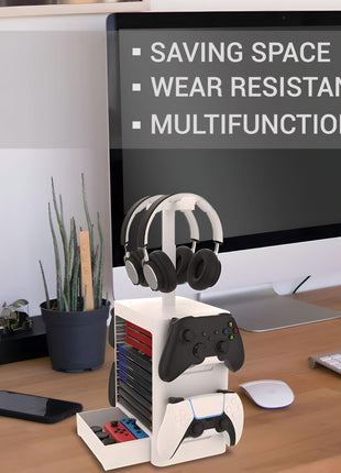 Ant Esports Multifunctional Universal Game Disc Storage Tower, Game Disk Rack Controller Holder Headset Stand Video Games Accessories organiser for PS4/5, Xbox One Xbox Series, Nintendo Switch – White 