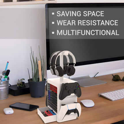 Ant Esports Multifunctional Universal Game Disc Storage Tower, Game Disk Rack Controller Holder Headset Stand Video Games Accessories organiser for PS4/5, Xbox One Xbox Series, Nintendo Switch – White 