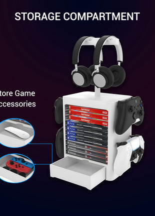 Ant Esports Multifunctional Universal Game Disc Storage Tower, Game Disk Rack Controller Holder Headset Stand Video Games Accessories organiser for PS4/5, Xbox One Xbox Series, Nintendo Switch – White 