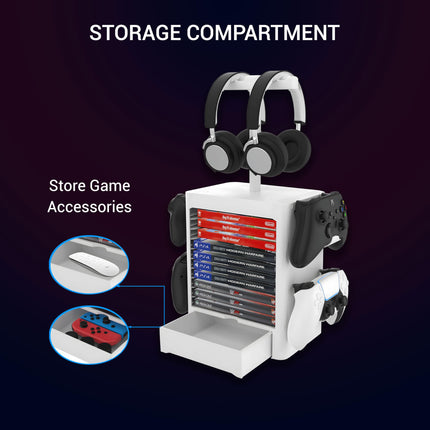 Ant Esports Multifunctional Universal Game Disc Storage Tower, Game Disk Rack Controller Holder Headset Stand Video Games Accessories organiser for PS4/5, Xbox One Xbox Series, Nintendo Switch – White 