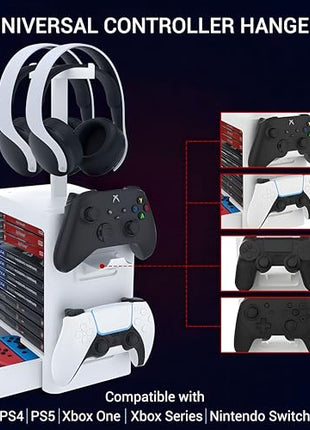 Ant Esports Multifunctional Universal Game Disc Storage Tower, Game Disk Rack Controller Holder Headset Stand Video Games Accessories organiser for PS4/5, Xbox One Xbox Series, Nintendo Switch – White 