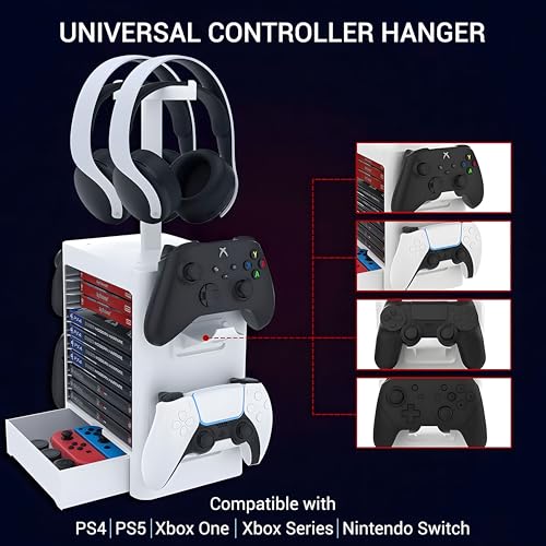 Ant Esports Multifunctional Universal Game Disc Storage Tower, Game Disk Rack Controller Holder Headset Stand Video Games Accessories organiser for PS4/5, Xbox One Xbox Series, Nintendo Switch – White 