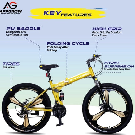 Appgrow 26T, Folding 21 Speed Gear Cycle, 17 Inches Frame Folding Bike for Unisex-Adults with Disc Brake and Dual Suspension Fork 