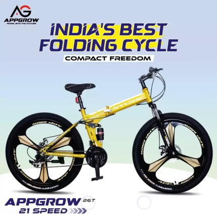 Appgrow 26T, Folding 21 Speed Gear Cycle, 17 Inches Frame Folding Bike for Unisex-Adults with Disc Brake and Dual Suspension Fork 
