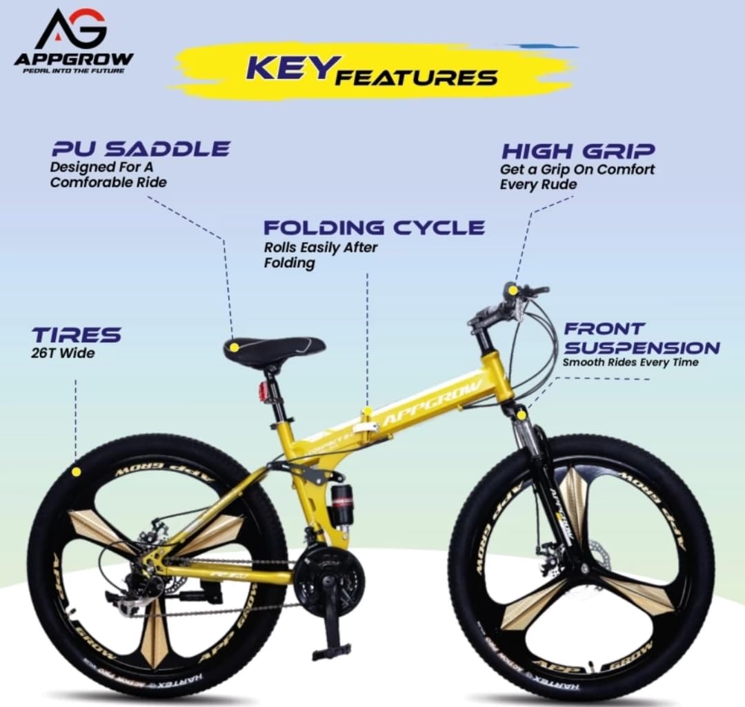 Appgrow 26T, Folding 21 Speed Gear Cycle, 17 Inches Frame Folding Bike for Unisex-Adults with Disc Brake and Dual Suspension Fork 