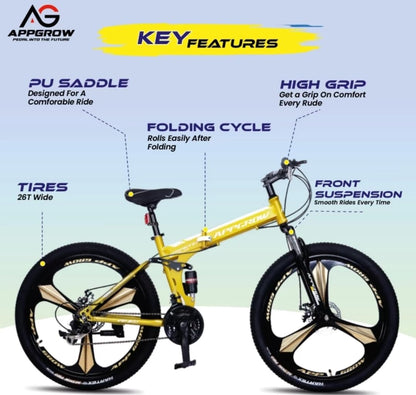 Appgrow 26T, Folding 21 Speed Gear Cycle, 17 Inches Frame Folding Bike for Unisex-Adults with Disc Brake and Dual Suspension Fork 
