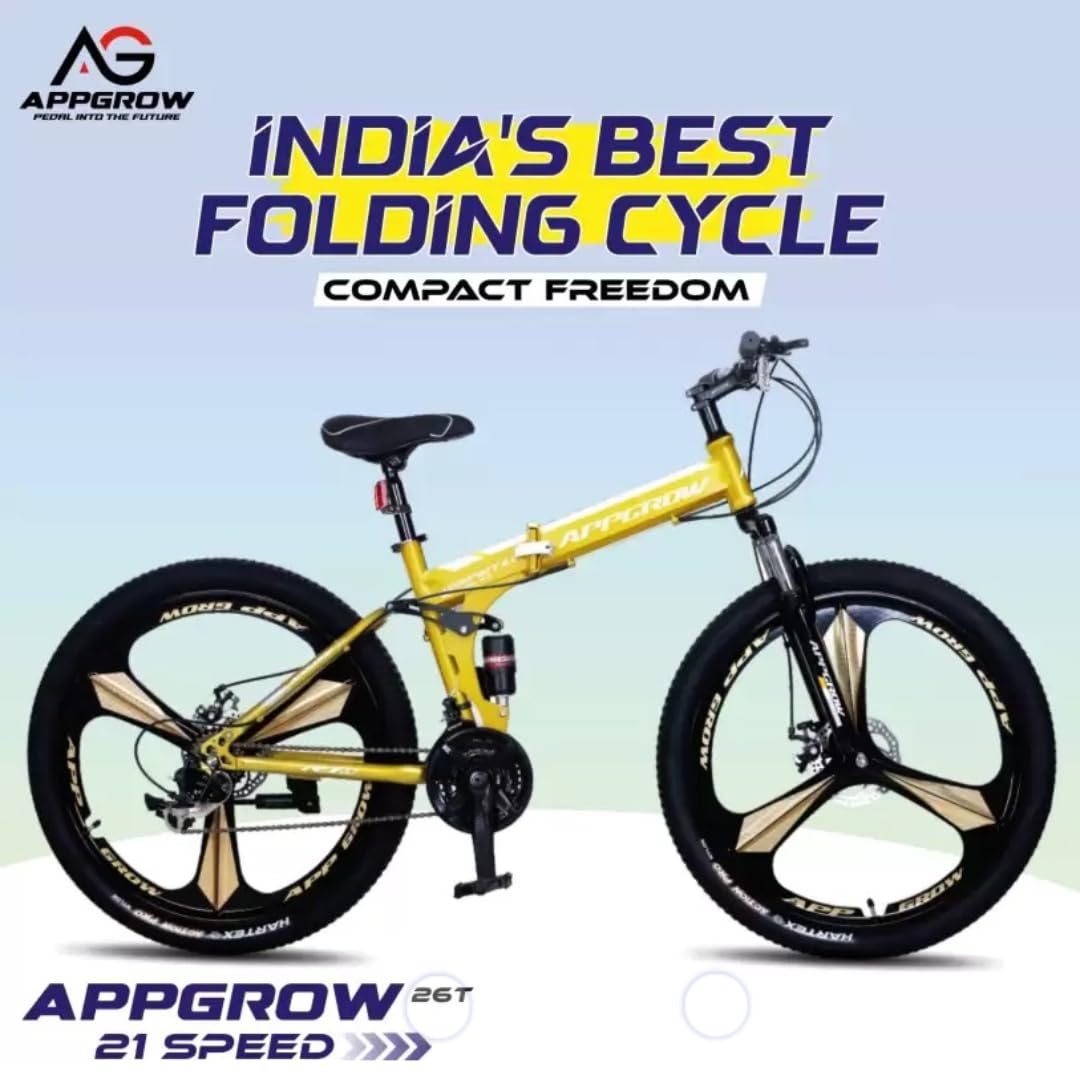 Appgrow 26T, Folding 21 Speed Gear Cycle, 17 Inches Frame Folding Bike for Unisex-Adults with Disc Brake and Dual Suspension Fork 