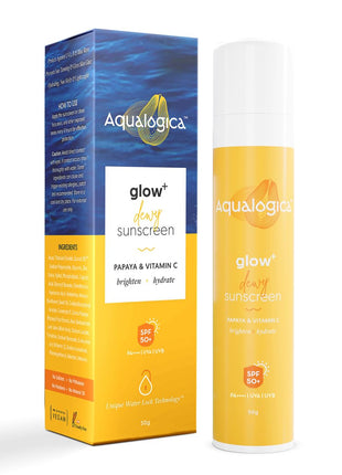 Aqualogica Glow+ Dewy Sunscreen SPF 50 PA++++ with Papaya & Vitamin C | For Dry, Sensitive, Oily & Combination Skin | UVA/B & Blue Light Protection | Fragrance-Free | For Men & Women | 50g 