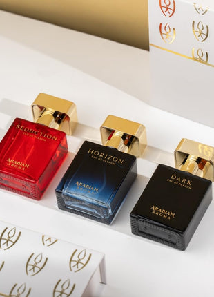 Arabian Aroma Luxury Unisex Perfume Gift Set | Exotic Long Lasting Perfume for Men & Women | Eau De Parfum | Perfume Set for Couple Gift Pack | Seduction, Horizon & Dark (30ml) 