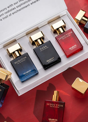 Arabian Aroma Luxury Unisex Perfume Gift Set | Exotic Long Lasting Perfume for Men & Women | Eau De Parfum | Perfume Set for Couple Gift Pack | Seduction, Horizon & Dark (30ml) 
