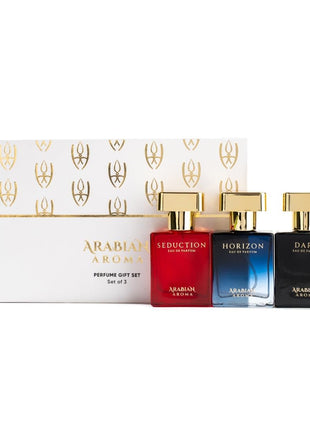 Arabian Aroma Luxury Unisex Perfume Gift Set | Exotic Long Lasting Perfume for Men & Women | Eau De Parfum | Perfume Set for Couple Gift Pack | Seduction, Horizon & Dark (30ml) 