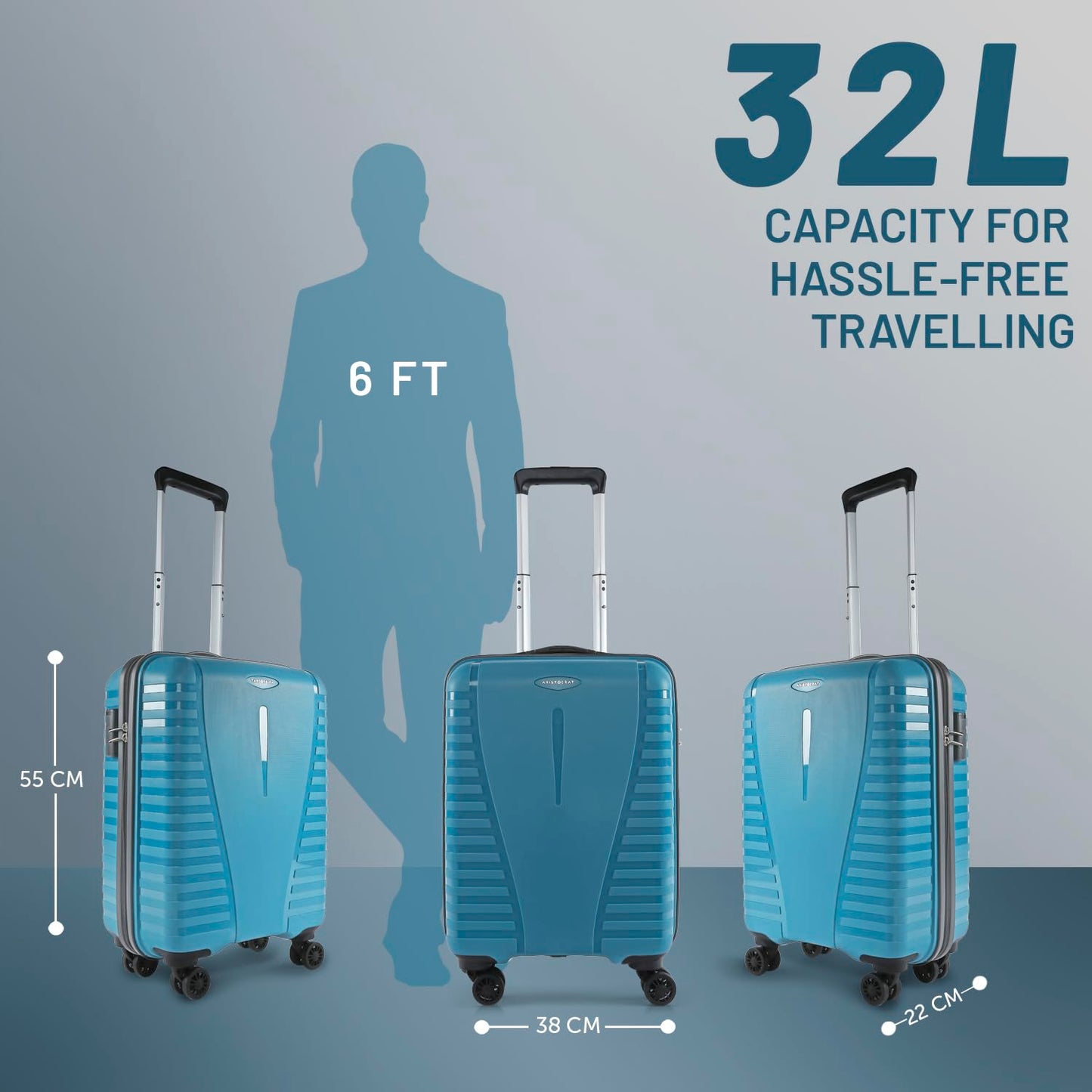 Aristocrat Airpro Cabin 55 Cm(Small) Polypropylene 360 Degree 8 Wheels Trolley Bag for Travel Hard Case Luggage, Lightweight with Combination Lock & Robust Trolley with 7 Yrs Warranty (Teal Blue) 